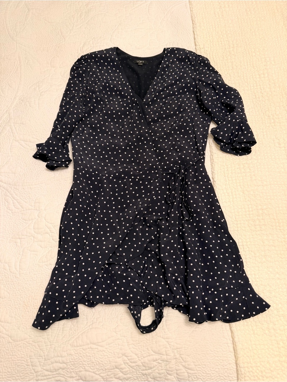 LOFT Navy Polka Dot Wrap Mini Dress